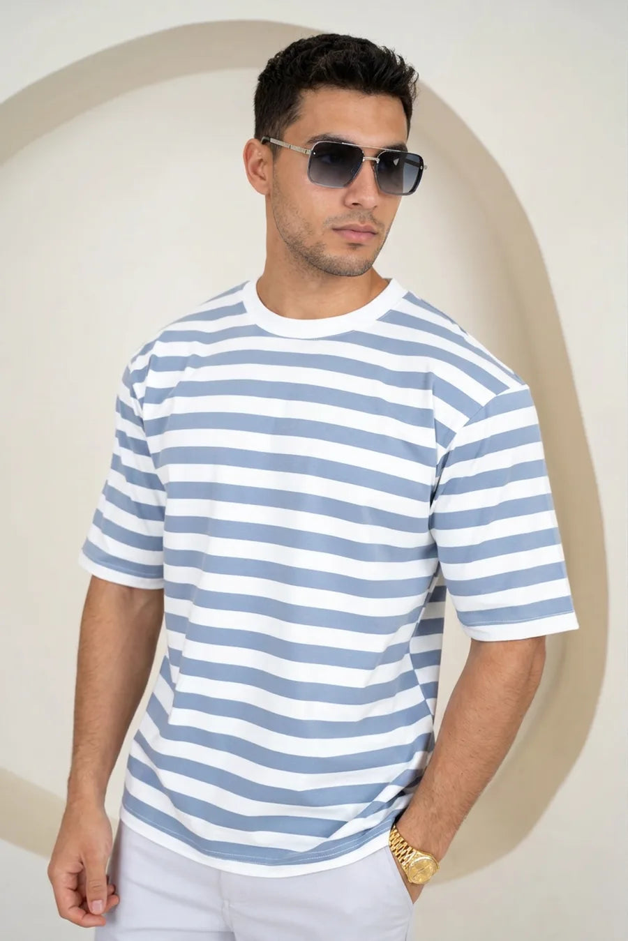 Camiseta de Ajuste Relajado con Rayas - Azul