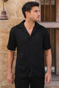 Camisa de Botones Slim Fit con Textura Ondulada - Negro