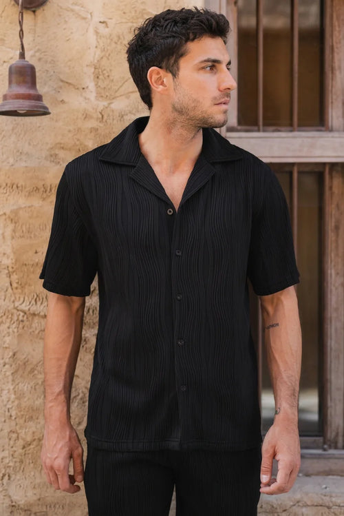 Camisa de Botones Slim Fit con Textura Ondulada - Negro