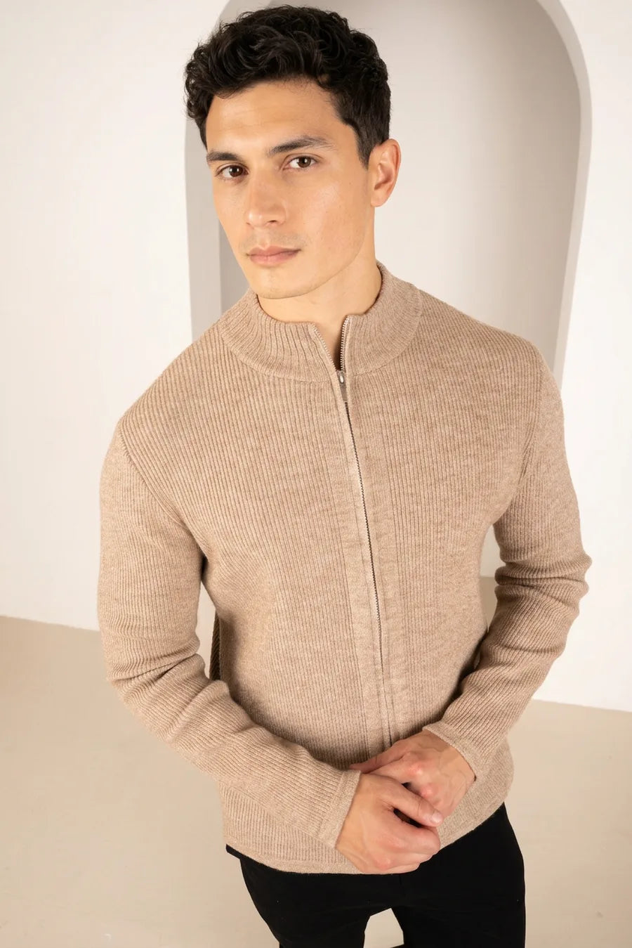 Cárdigan de Punto Acanalado con Cremallera - Avena