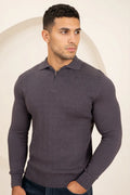Geometric Long Sleeve Polo - Charcoal