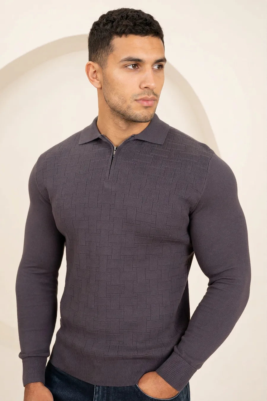 Geometric Long Sleeve Polo - Charcoal