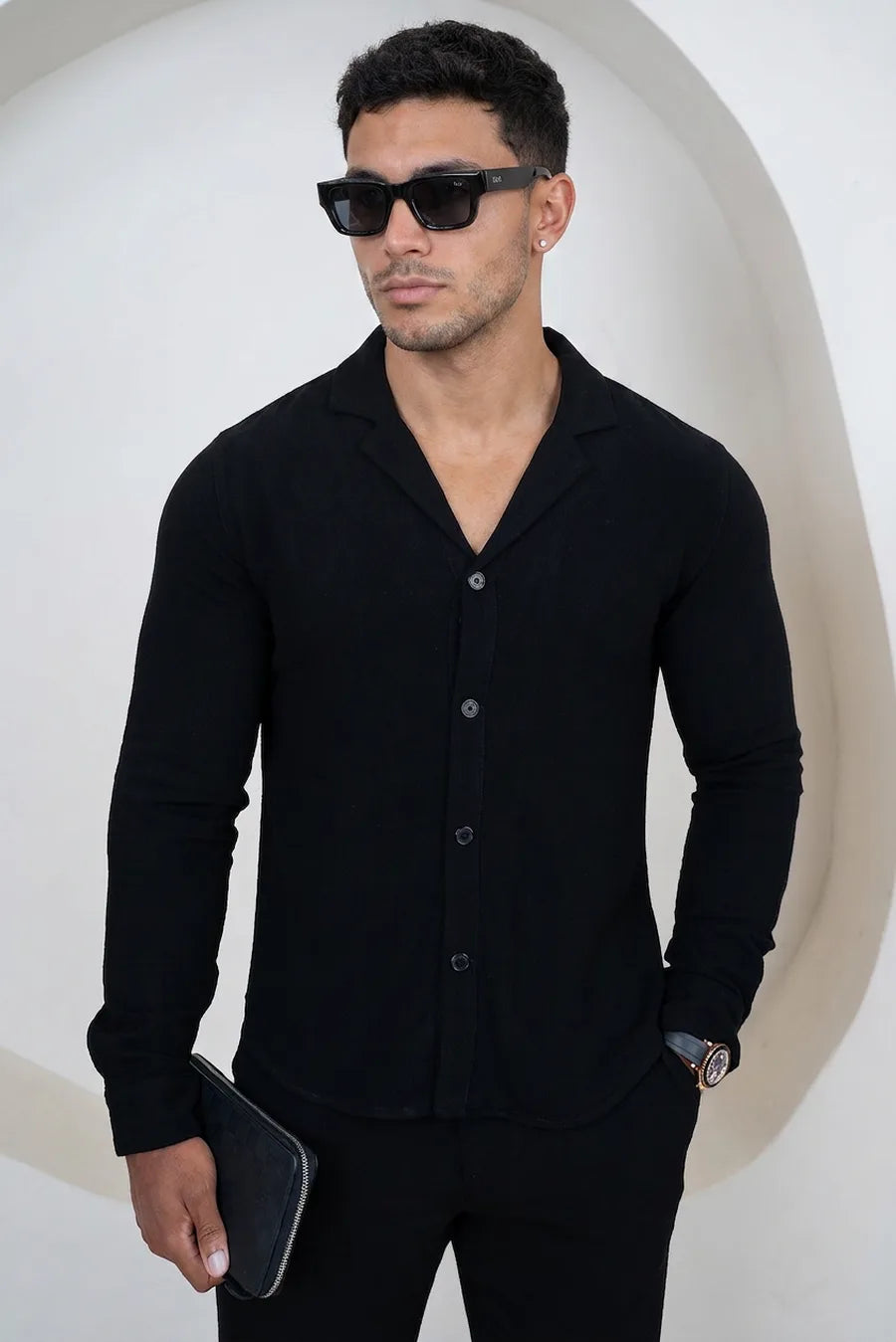 Camisa de Lino de Manga Larga Estilo Resort - Negra