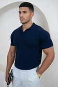 Polo de Punto con Cuello Abierto Ajustado - Azul Marino