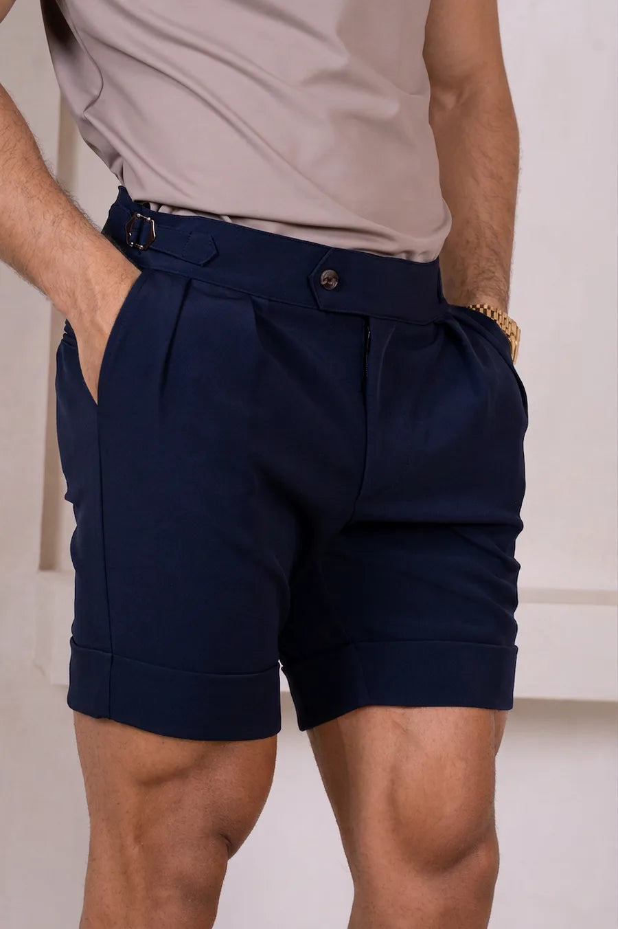 Pantalones Cortos de Hebilla y Pliegues - Azul Marino