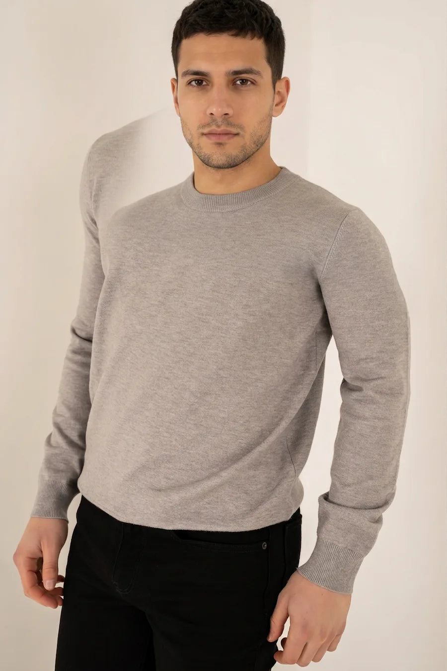 Jersey de Cuello Redondo de Punto Ultrafino - Gris