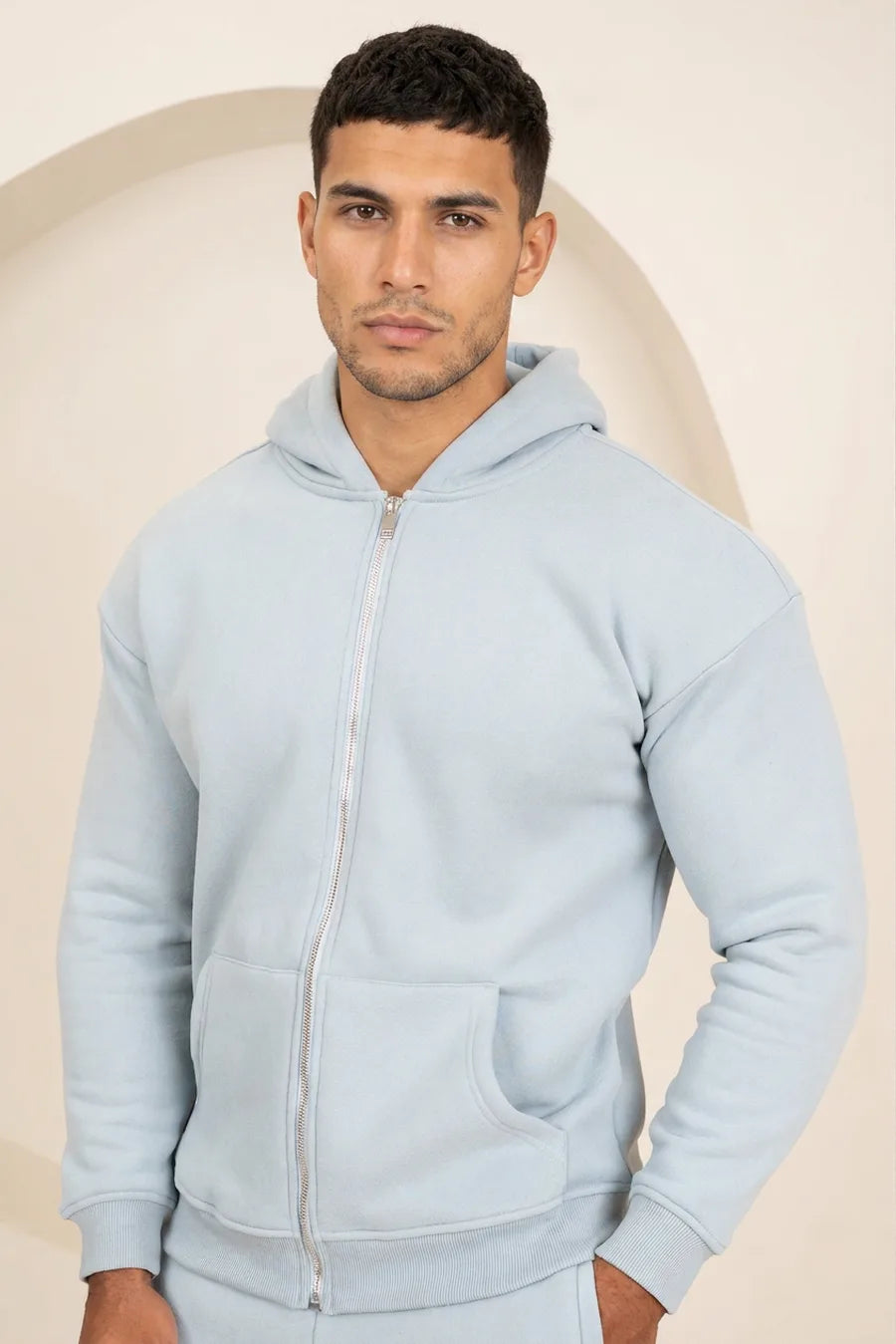 Sudadera con cremallera Premium Luxe – Azul empolvado