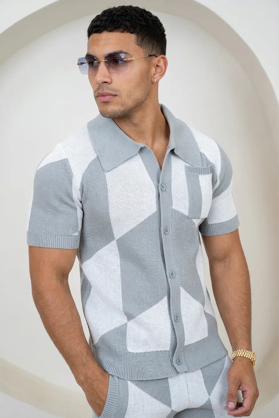 Camisa de Punto Cuadros - Gris