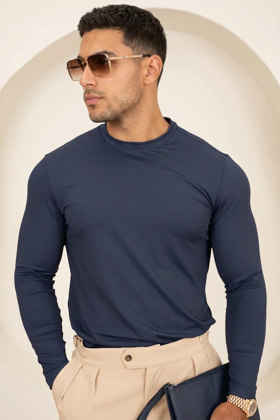 Camiseta Mercerizada Luxe de Manga Larga - Azul Marino
