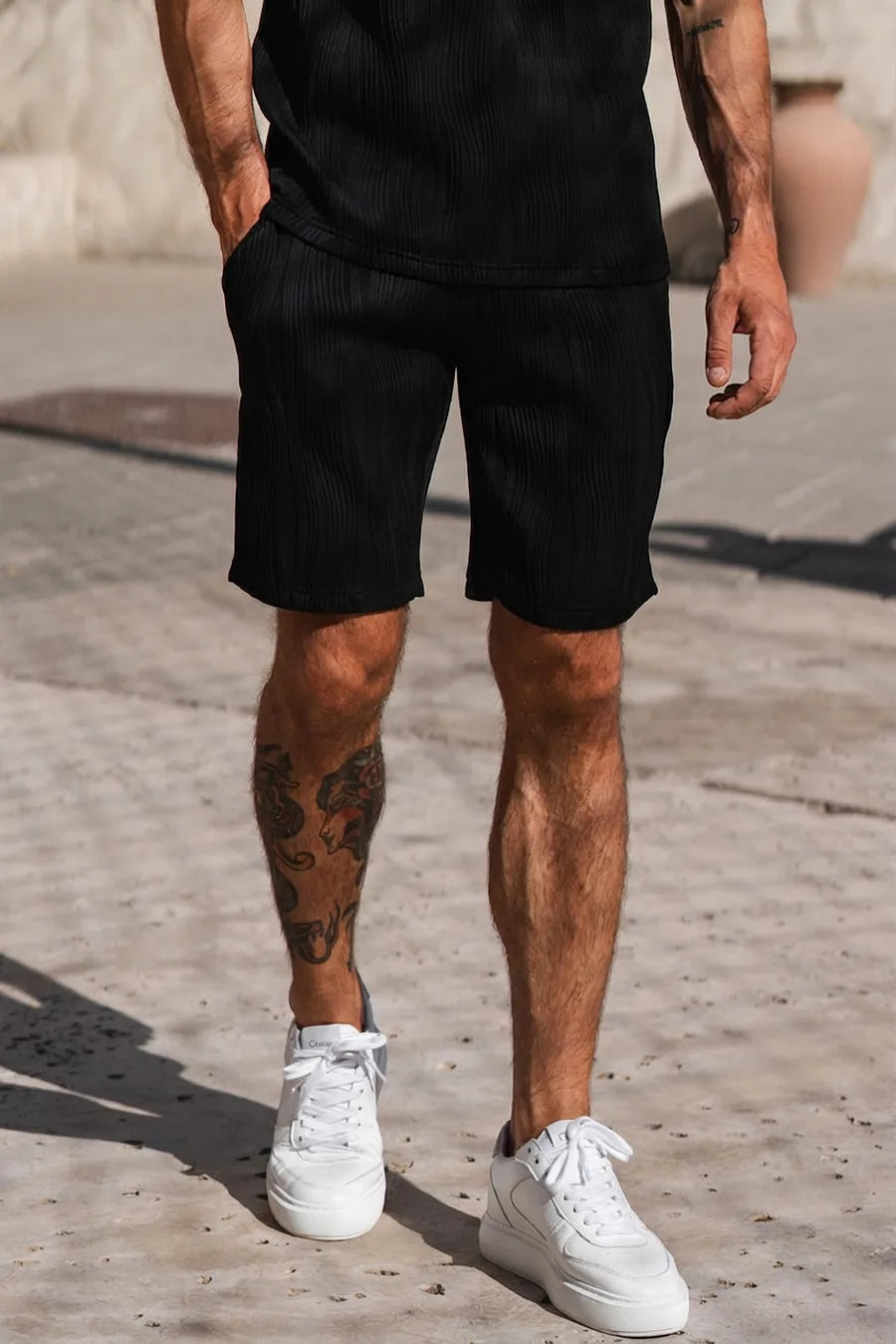 Pantalones Cortos con Textura Ondulada - Negro