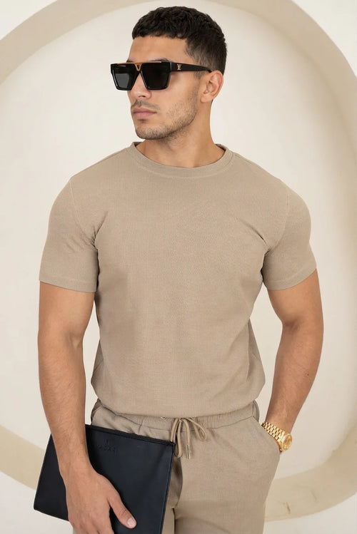 Camiseta ajustada de punto gofre - Gris topo