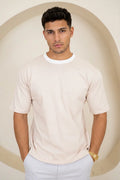 Camiseta de Ajuste Relajado con Cuello en Contraste - Beige