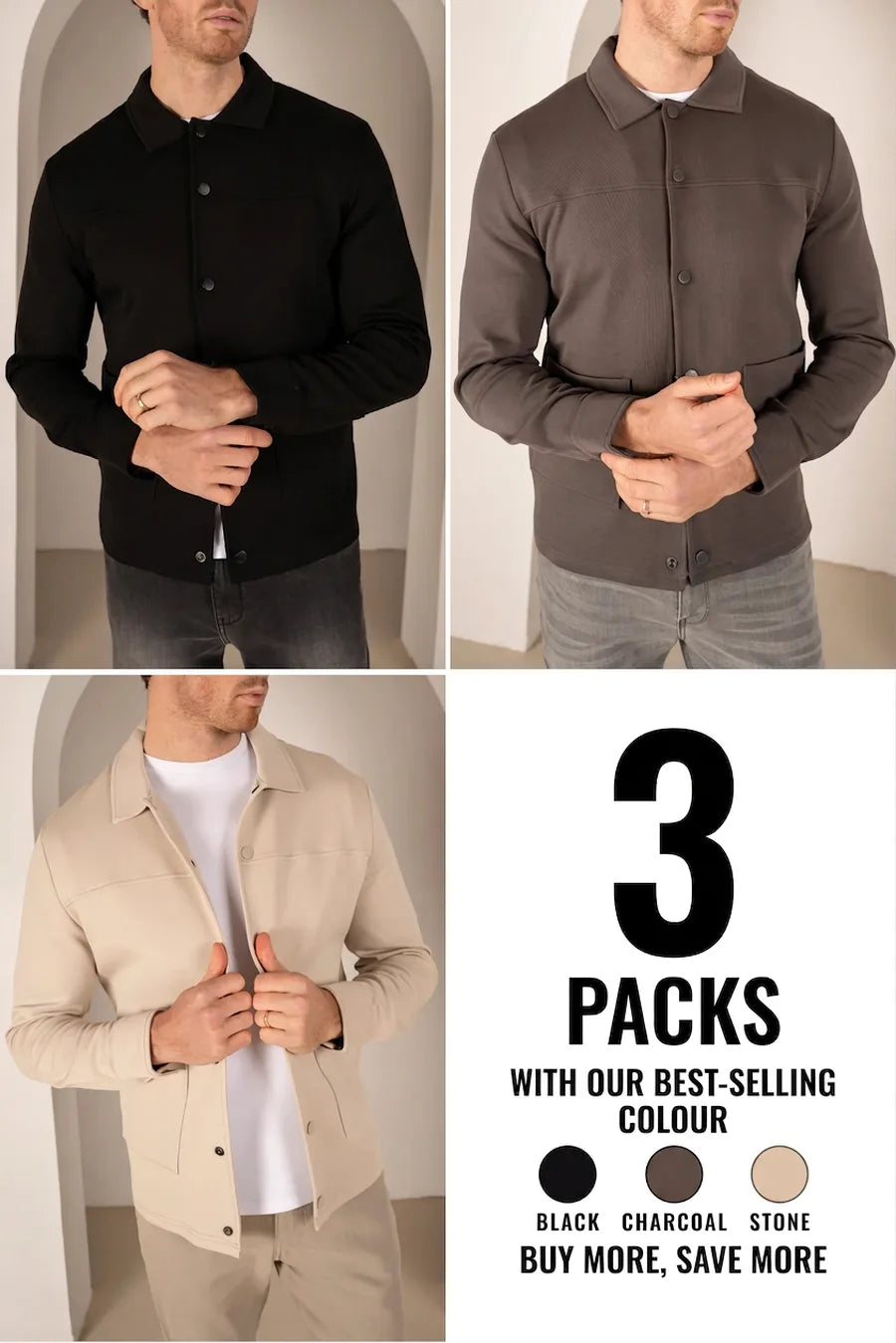 Sobrecamisa Interlock - Pack de 3 - 3 Colores (Negro, Carbón, Piedra)