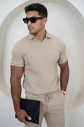 Polo de Scuba Cepillado con Cuello Abierto - Gris Topo