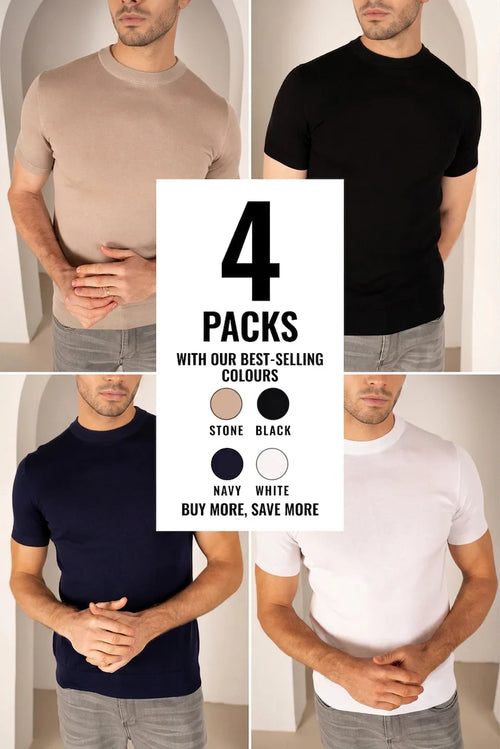 Camiseta de Punto de Corte Ajustado Ultrafino - 4 Colores (Azul Marino, Blanco, Negro y Piedra) - Pack de 4
