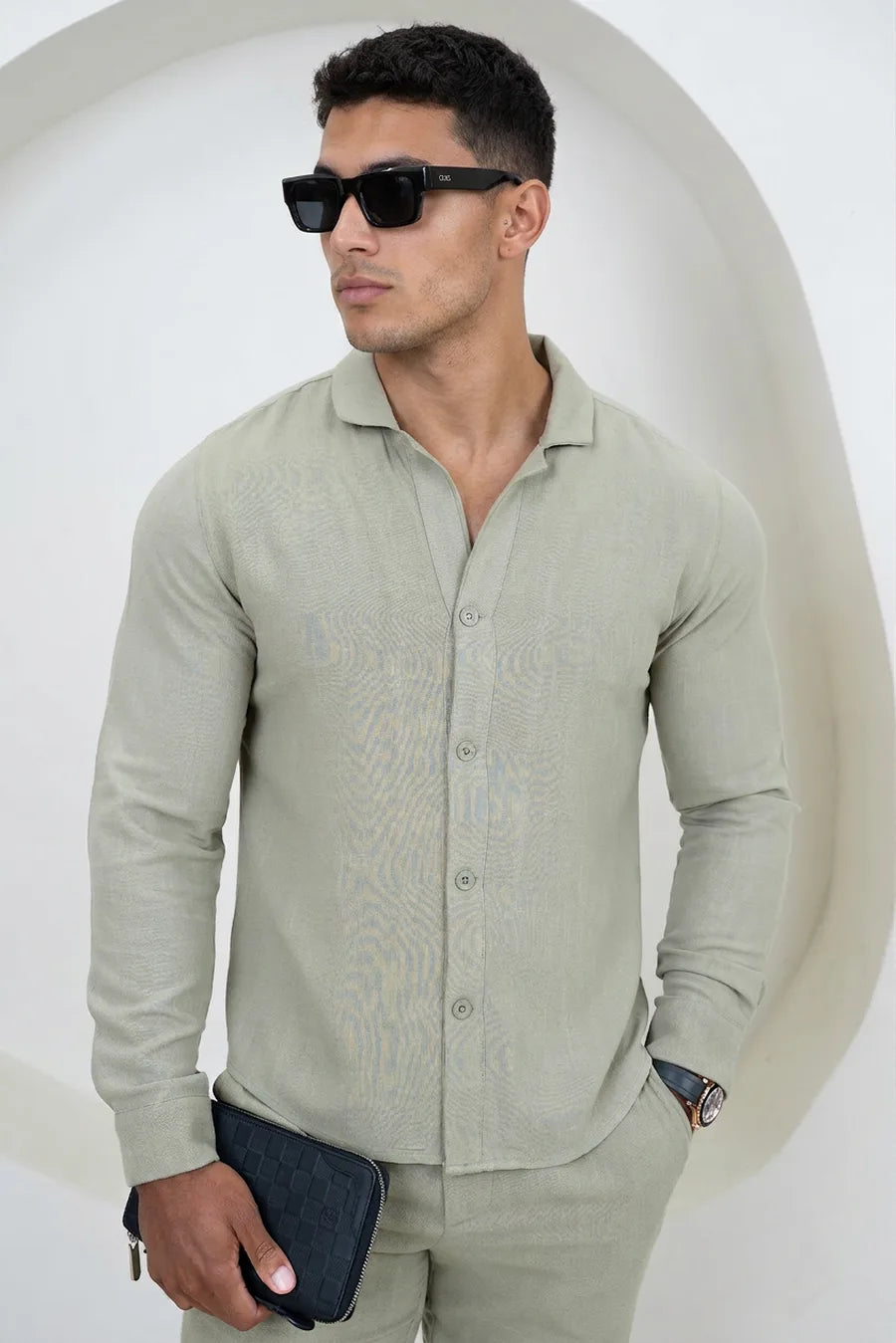 Camisa de Lino de Manga Larga Estilo Resort - Verde Oliva