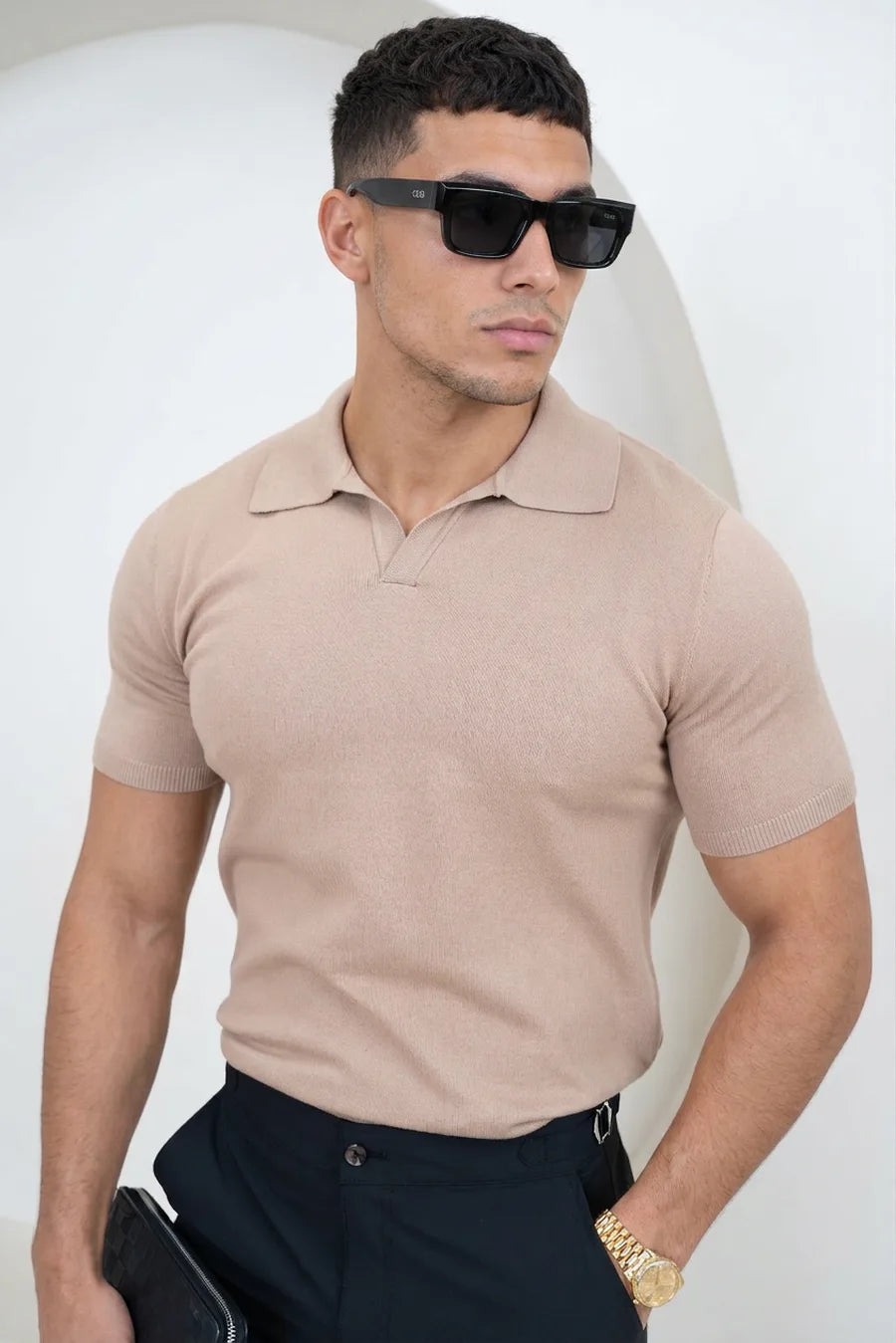 Polo de Punto Slim Fit con Cuello Abierto - Topo