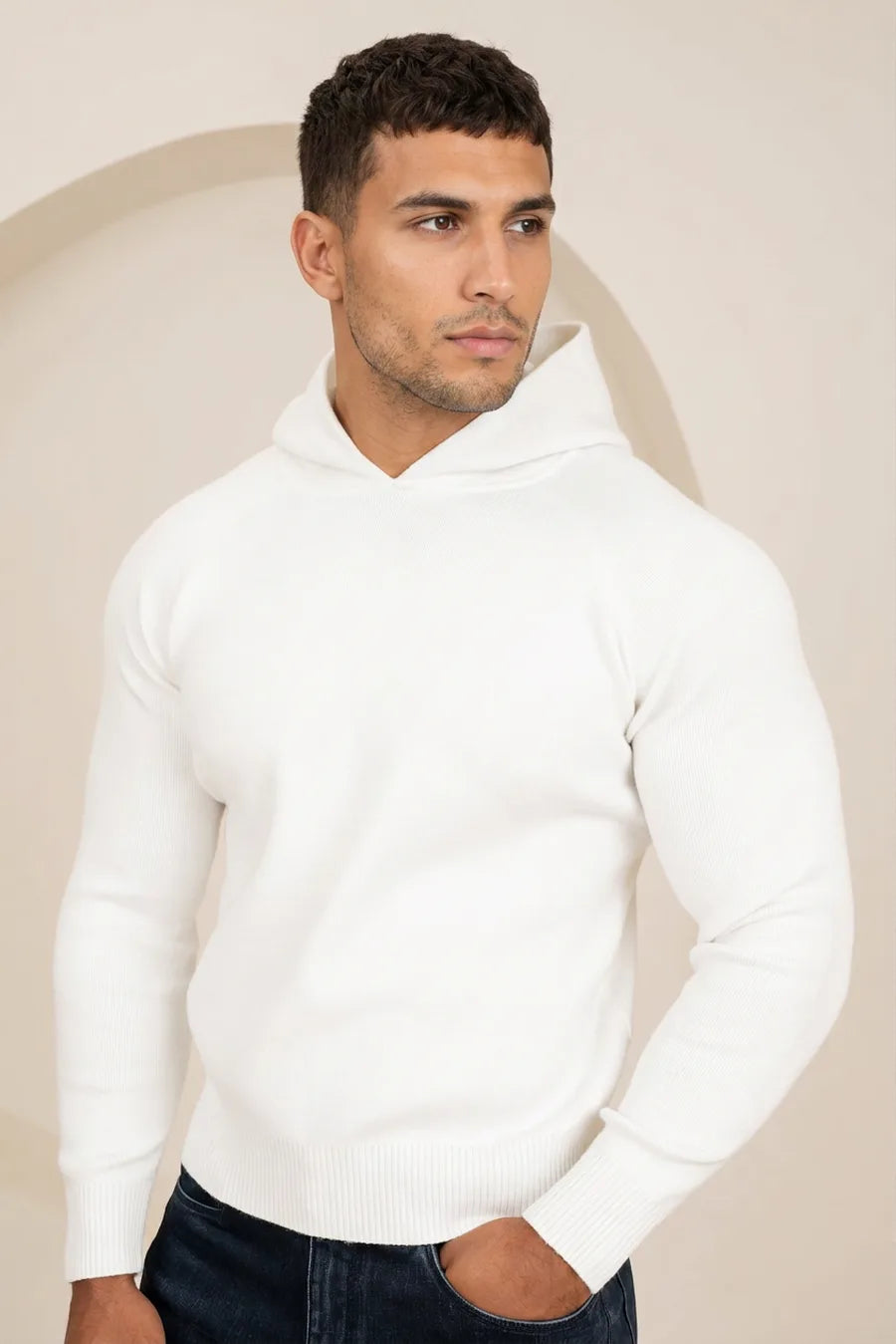 Sudadera con Capucha de Punto Ajustada - Blanco Roto