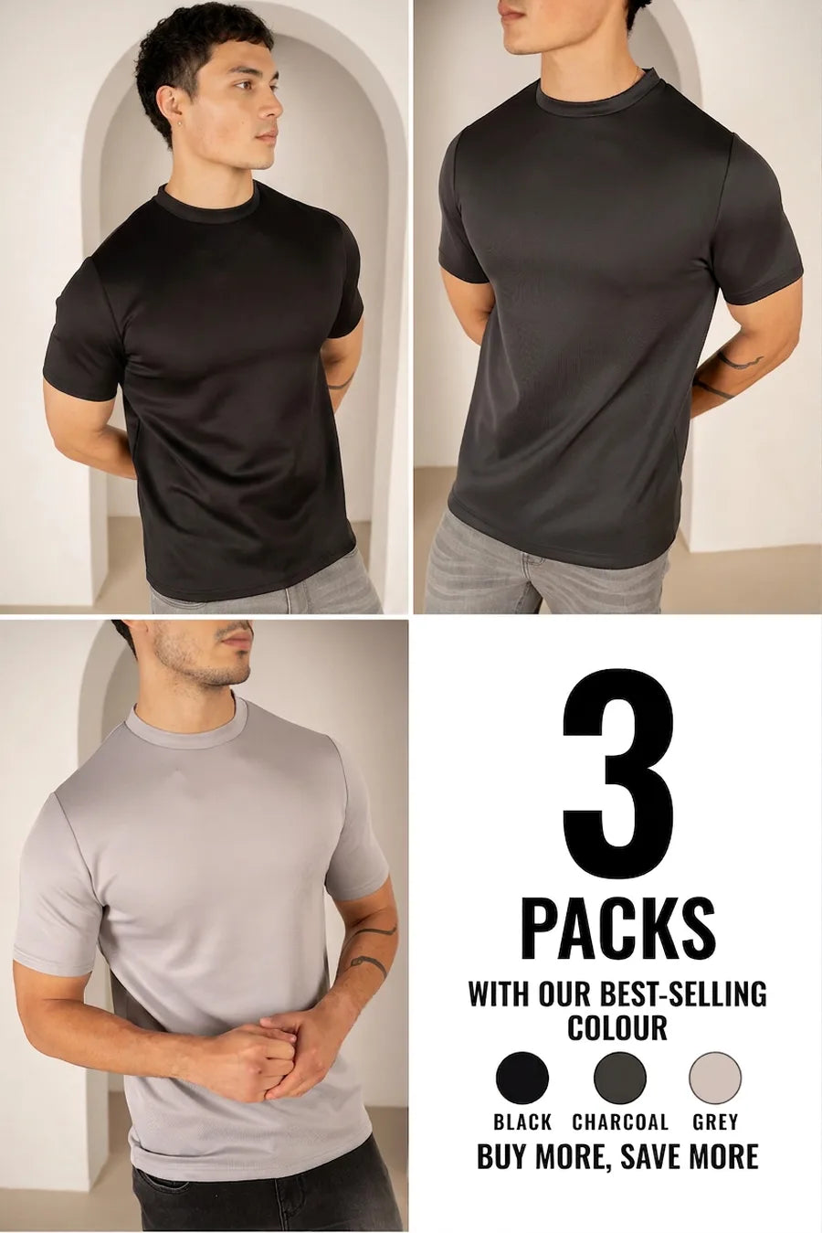Camiseta Premium Scuba Slim Fit – 3 colores (negro, carbón y gris) – Pack de 3