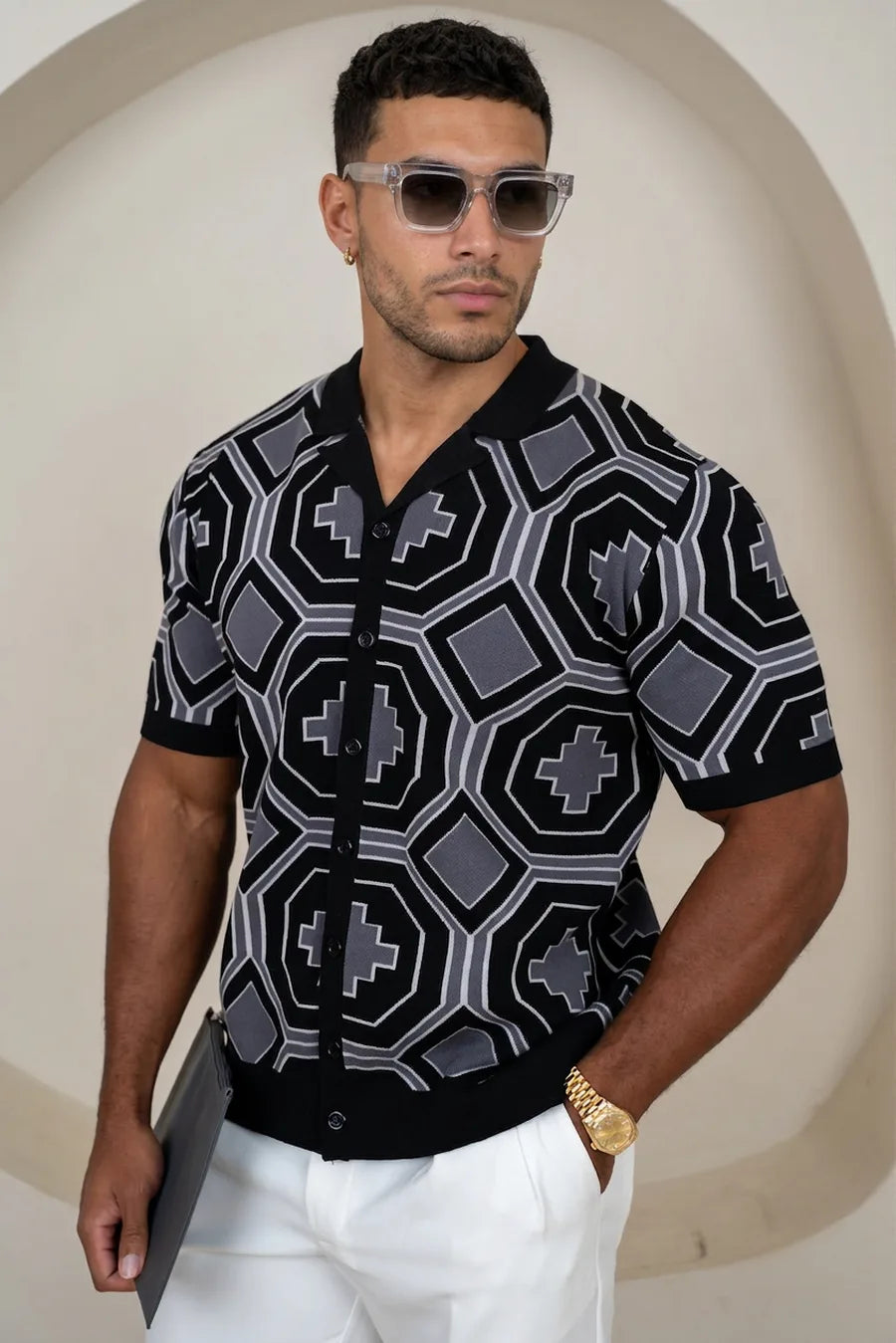 Camisa de punto abotonada Aztec - Negra