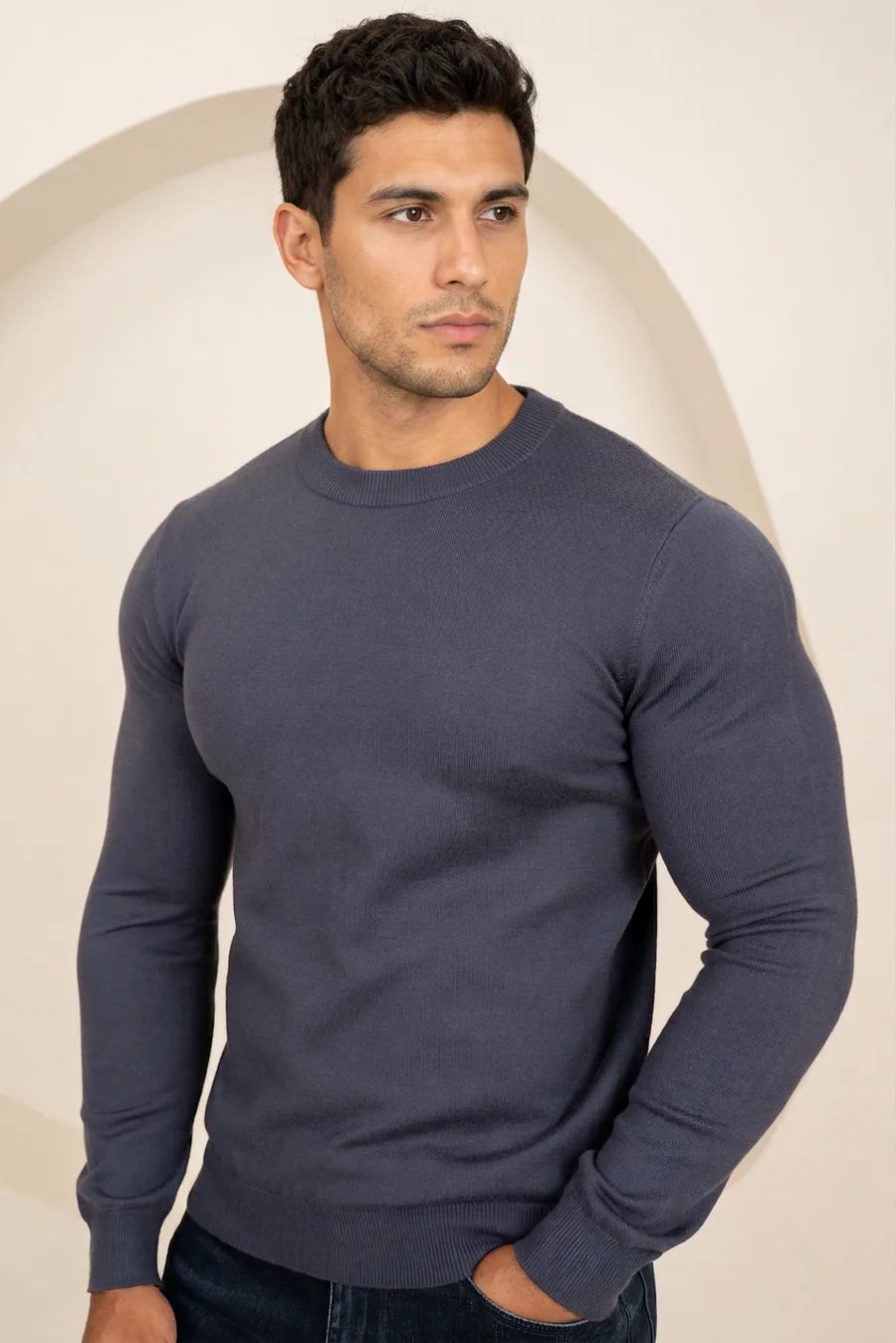 Jersey de Cuello Redondo de Punto Ultrafino - Azul Marino