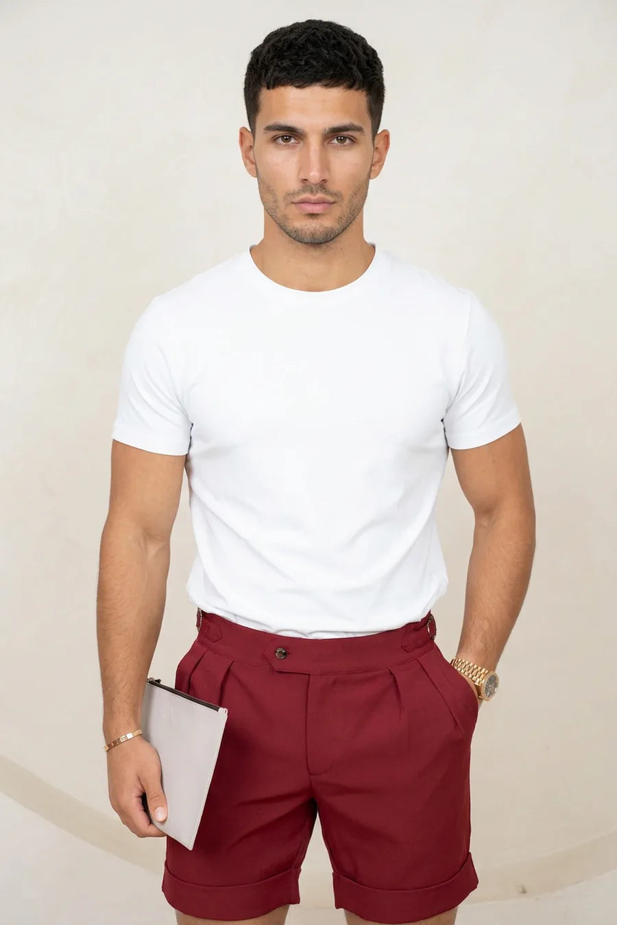 Pantalones Cortos de Hebilla y Pliegues - Burdeos