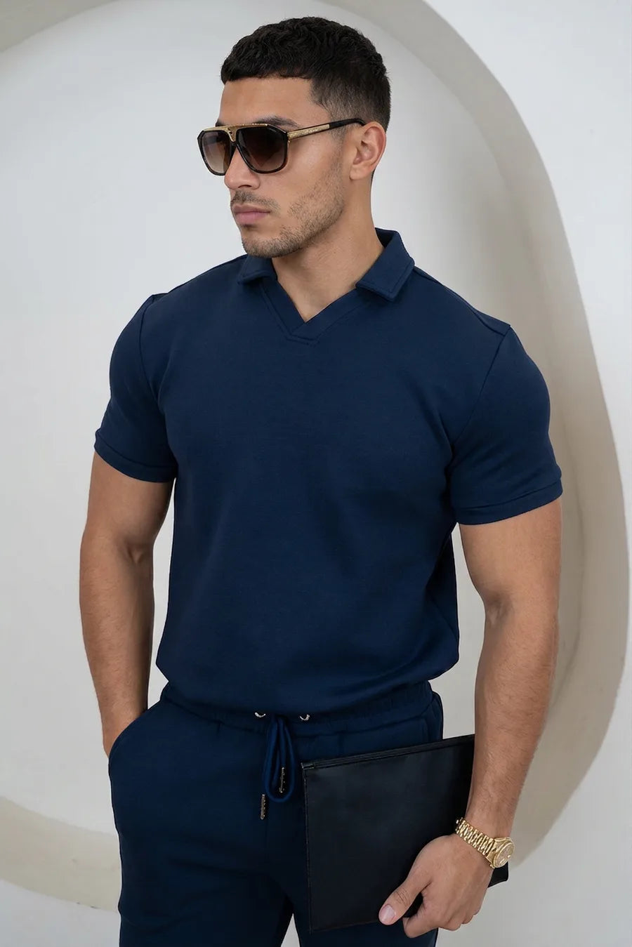 Polo de Scuba Cepillado con Cuello Abierto - Azul Marino