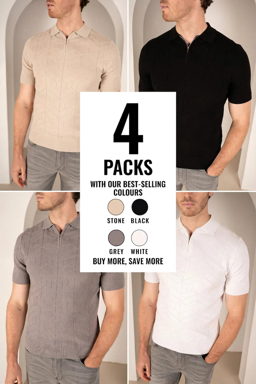 Geometric Knitted Quarter Zip Polo Shirt - 4 Colores (Piedra, Negro, Gris y Blanco) - Pack de 4