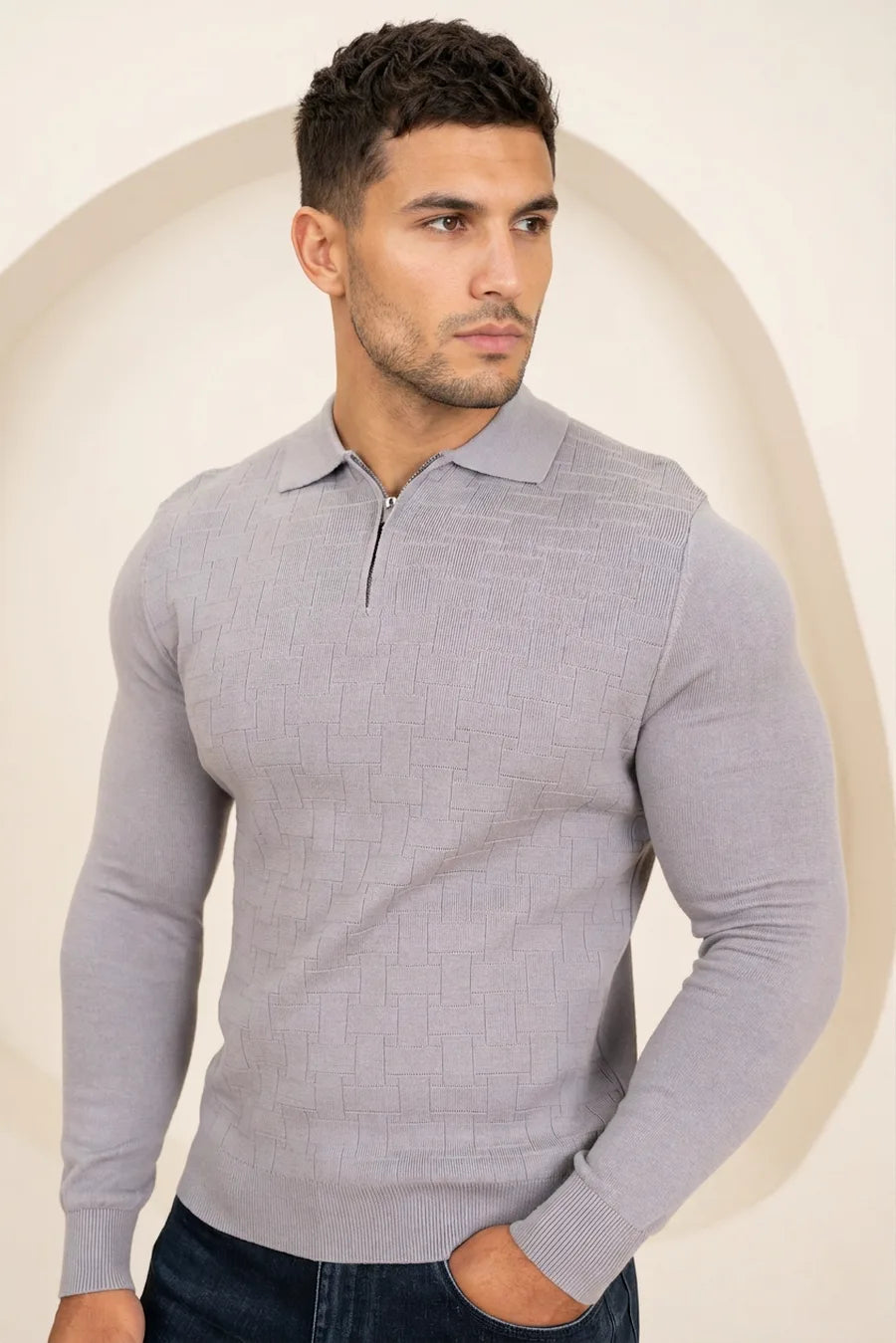 Polo de Manga Larga Geométrico - Gris Claro